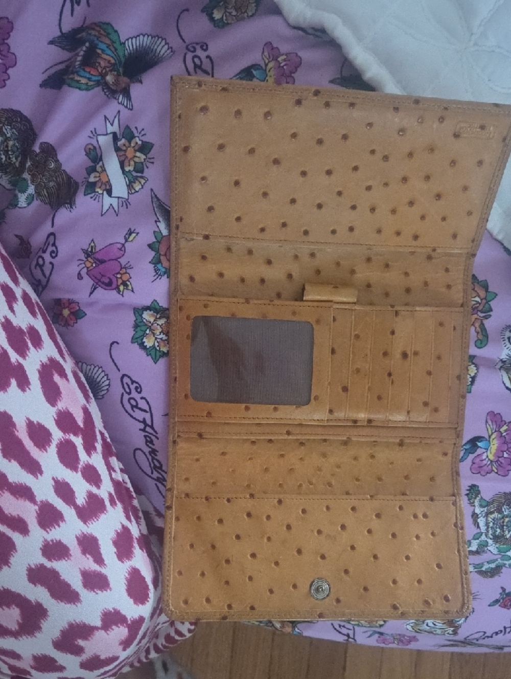 Dooney & Bourke Camel Ostrich-Embossed Leather Wallet with Logo Plaque - Picture 2 of 2